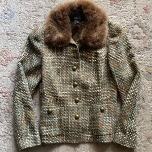 Kasper, brown tweed blazer/jacket with detachable faux fur collar (size 6)